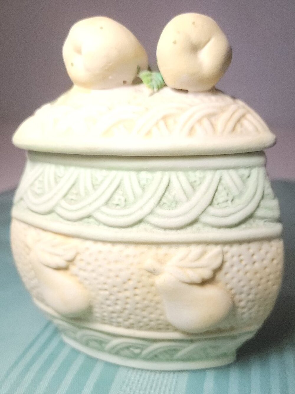 Ceramic Pear Basketweave Lidded Trinket Box, Circa 1975